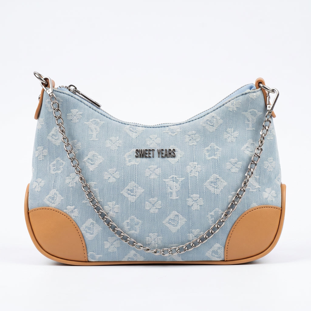 Borsa Hobo Sweet Years in Denim Jacquard con Catena e Tracolla Larga