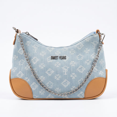 Borsa Hobo Sweet Years in Denim Jacquard con Catena e Tracolla Larga