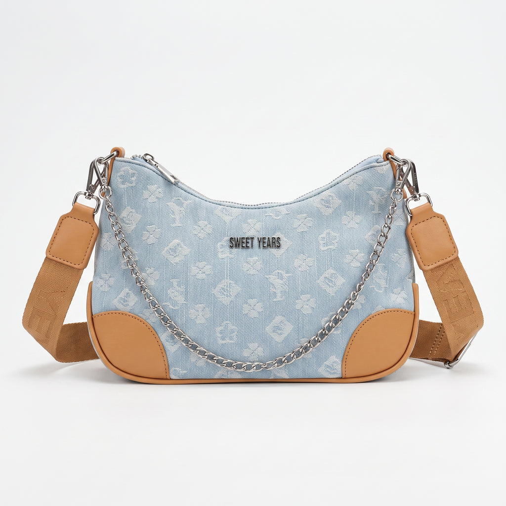 Borsa Hobo Sweet Years in Denim Jacquard con Catena e Tracolla Larga