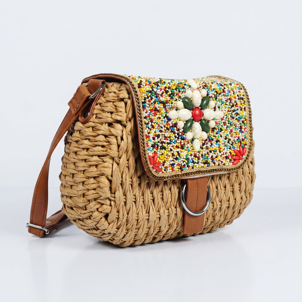 Borsa tracolla rafia intrecciata con pattino ricamato a perline – vista supplementare 2