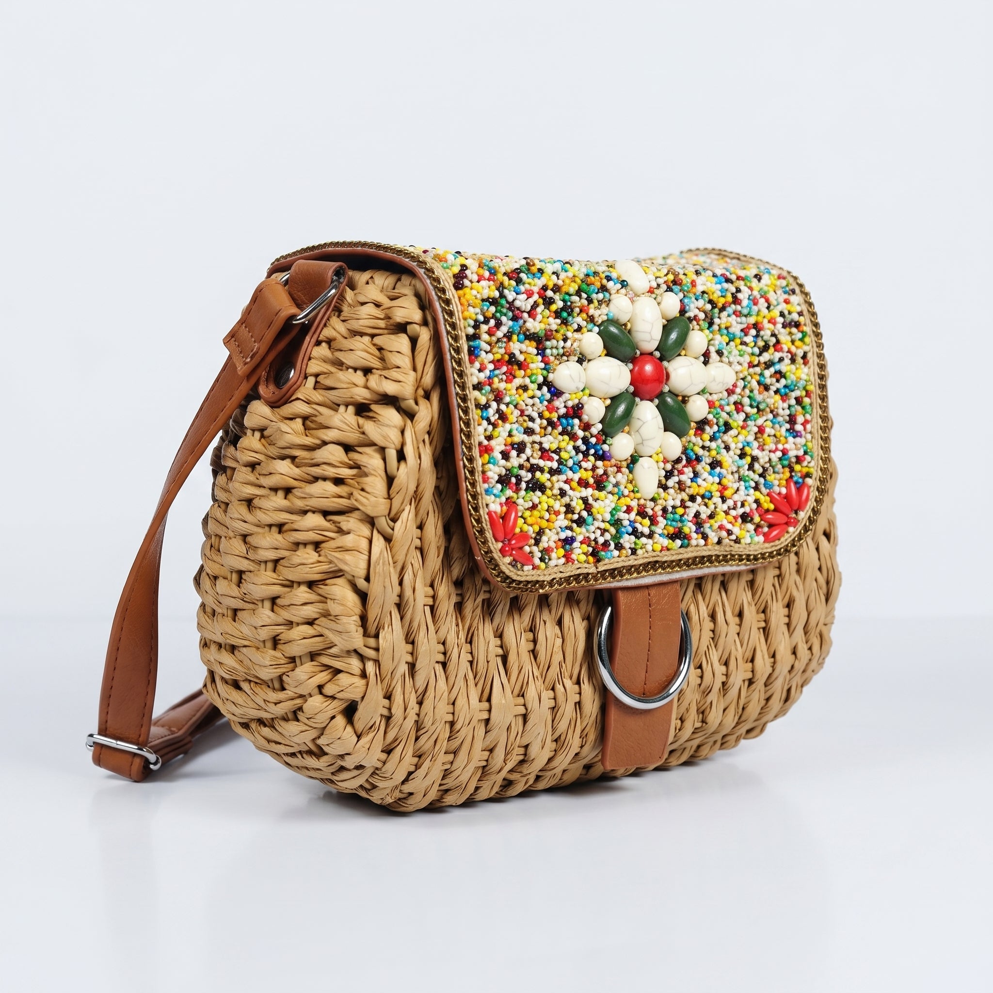 Borsa tracolla rafia intrecciata con pattino ricamato a perline – vista supplementare 2