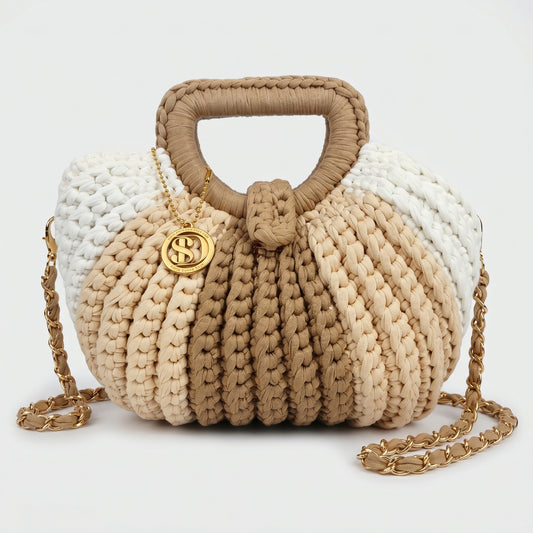 Oliva bolso de mano para mujer tipo burbuja en cuerda de algodón trenzada con bandolera de cadena