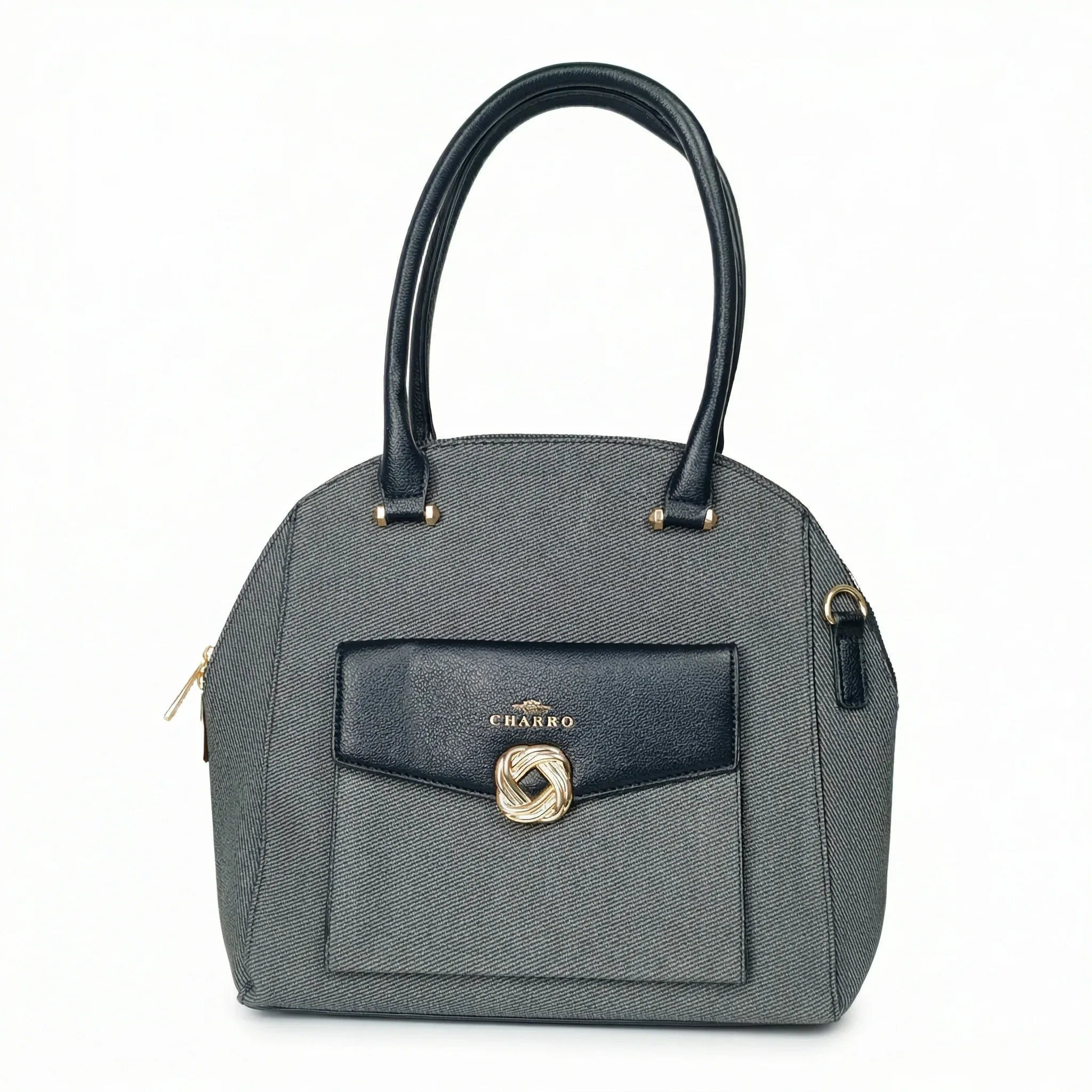 Charro borsa strutturata ecopelle azzurra con manico superiore e dettagli oro donna – vista frontale