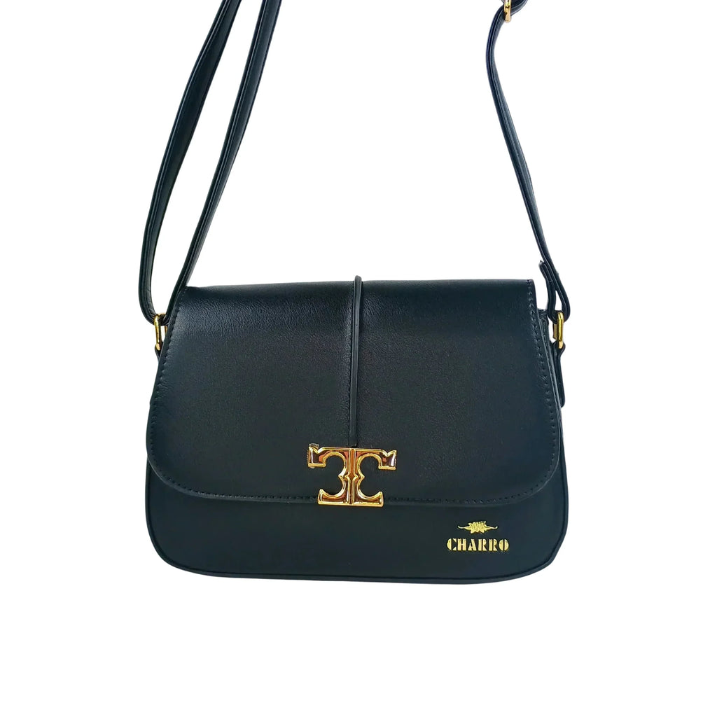 Charro borsa a tracolla ecopelle nera con chiusura logo donna – vista frontale