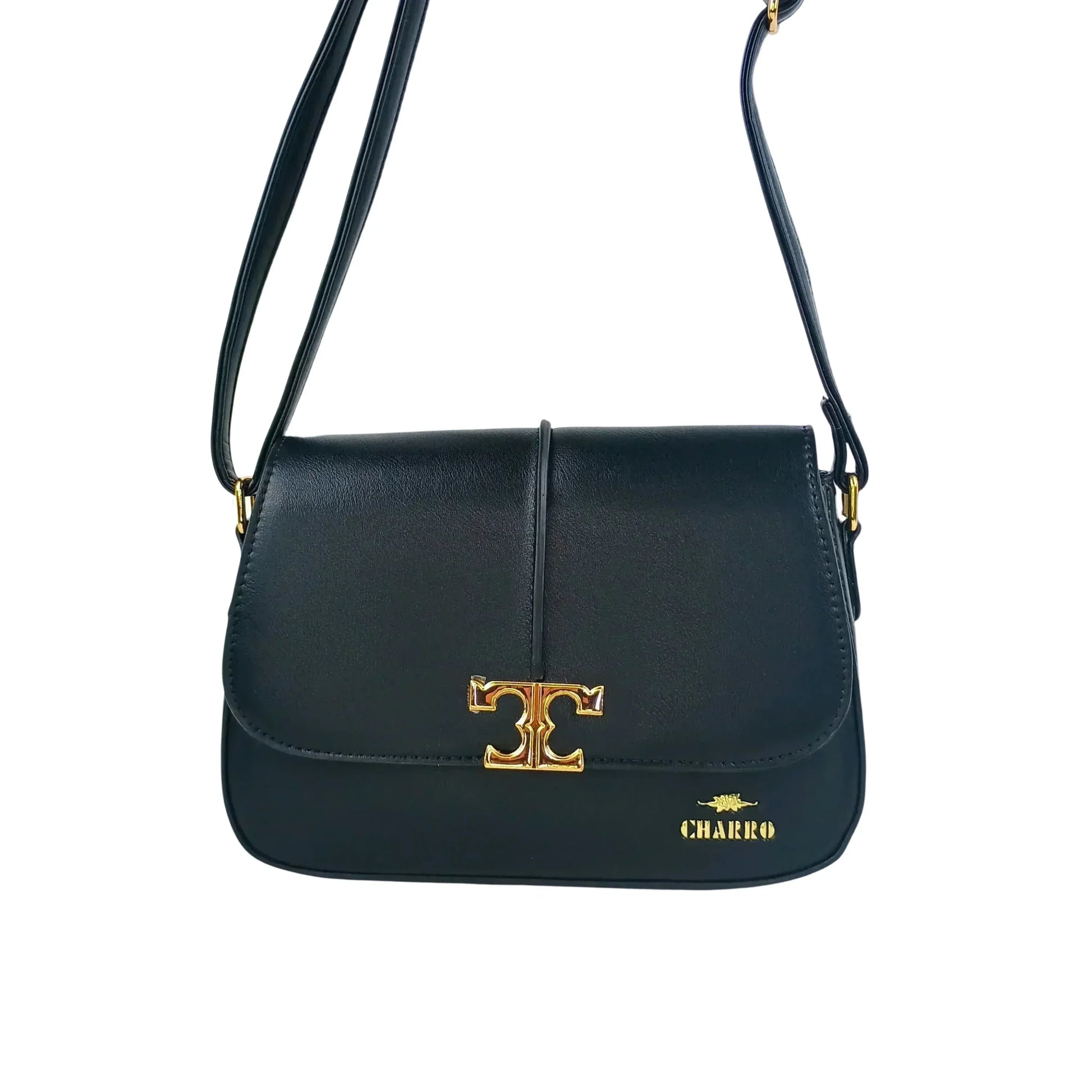 Charro borsa a tracolla ecopelle nera con chiusura logo donna – vista frontale