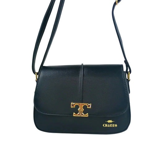 Charro borsa a tracolla ecopelle nera con chiusura logo donna – vista frontale
