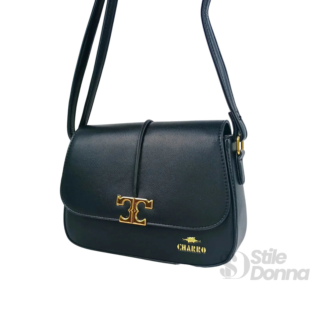 Charro borsa a tracolla ecopelle nera con chiusura logo – vista laterale