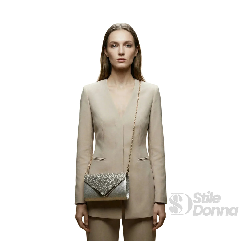 Stile Donna clutch busta argentata strass microfibra – vista laterale
