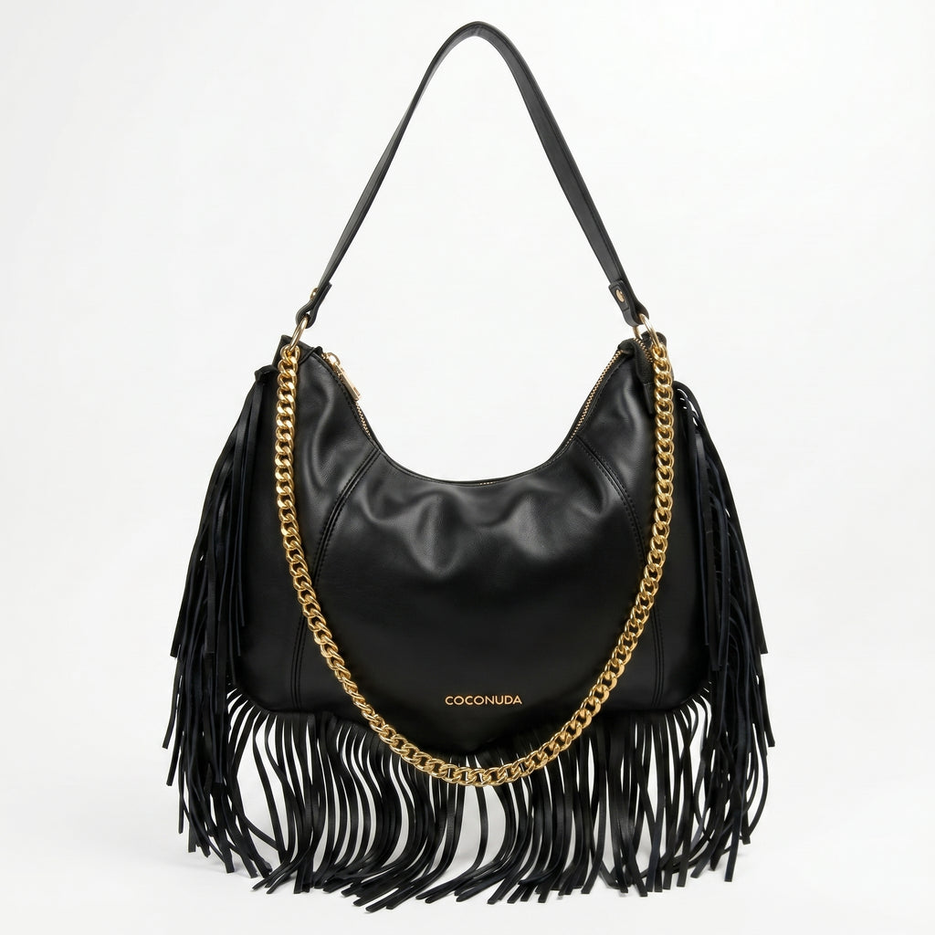 Coconuda Borsa Hobo a Tracolla con Frange e Dettagli Dorati - Stile Donna Bags