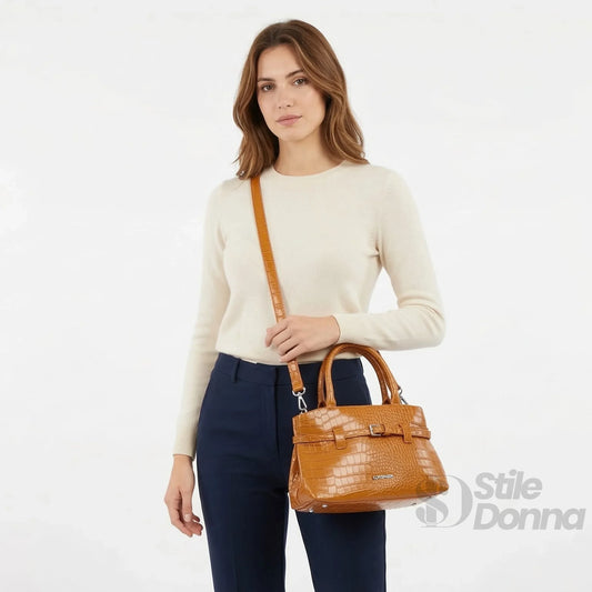 Coconuda borsa a mano ecopelle marrone effetto coccodrillo texture – vista laterale