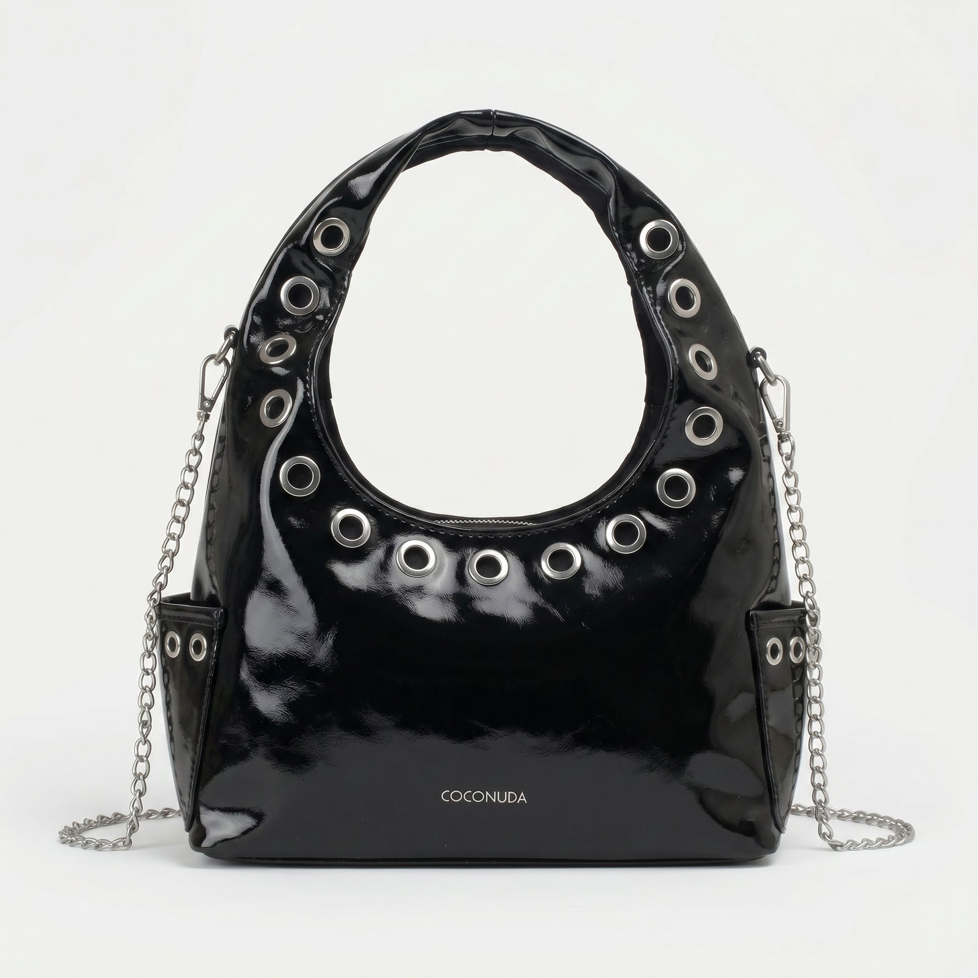 Coconuda borsa a tracolla ecopelle PU nera con catena e occhielli – con accessori