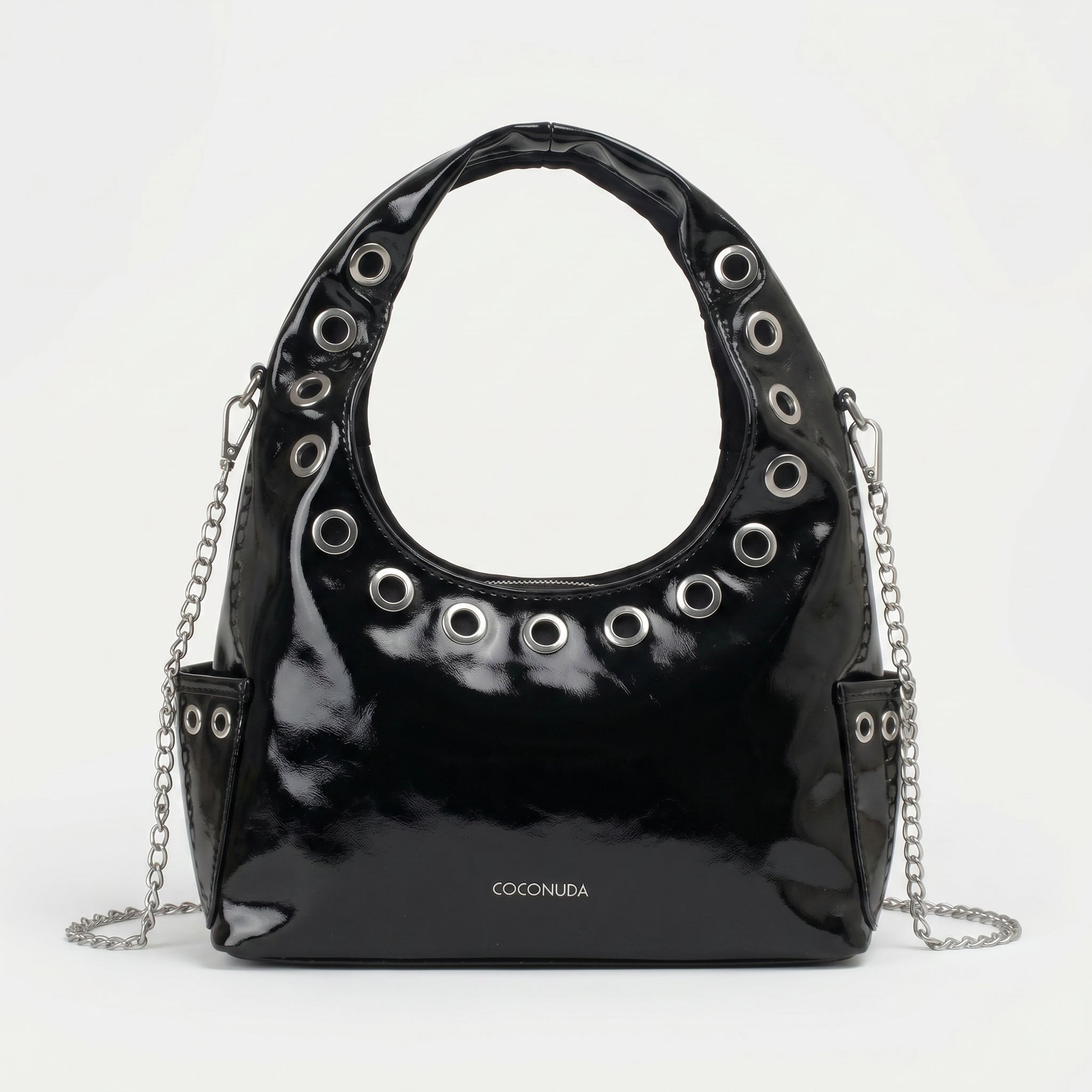 Coconuda borsa a tracolla ecopelle PU nera con catena e occhielli – con accessori