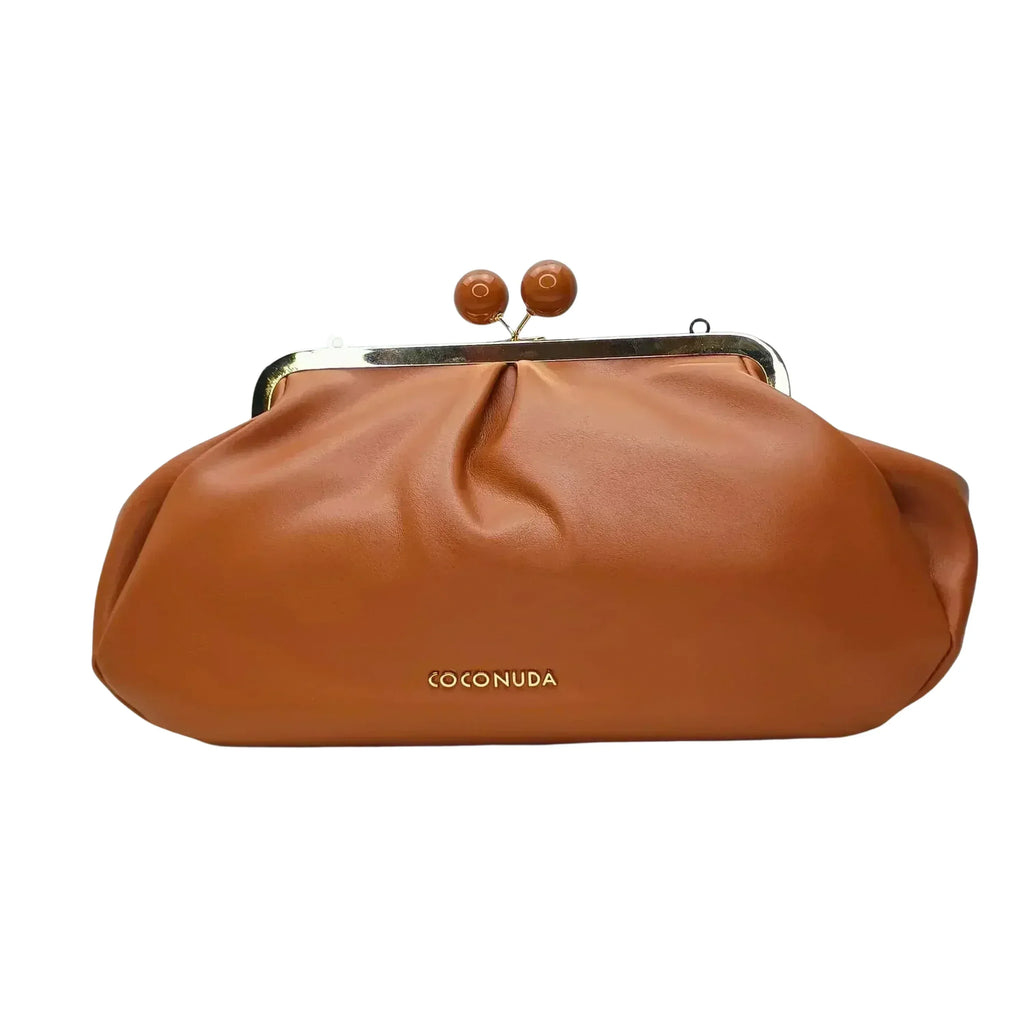 Coconuda pochette ecopelle marrone con chiusura a scatto e tracolla donna – vista frontale