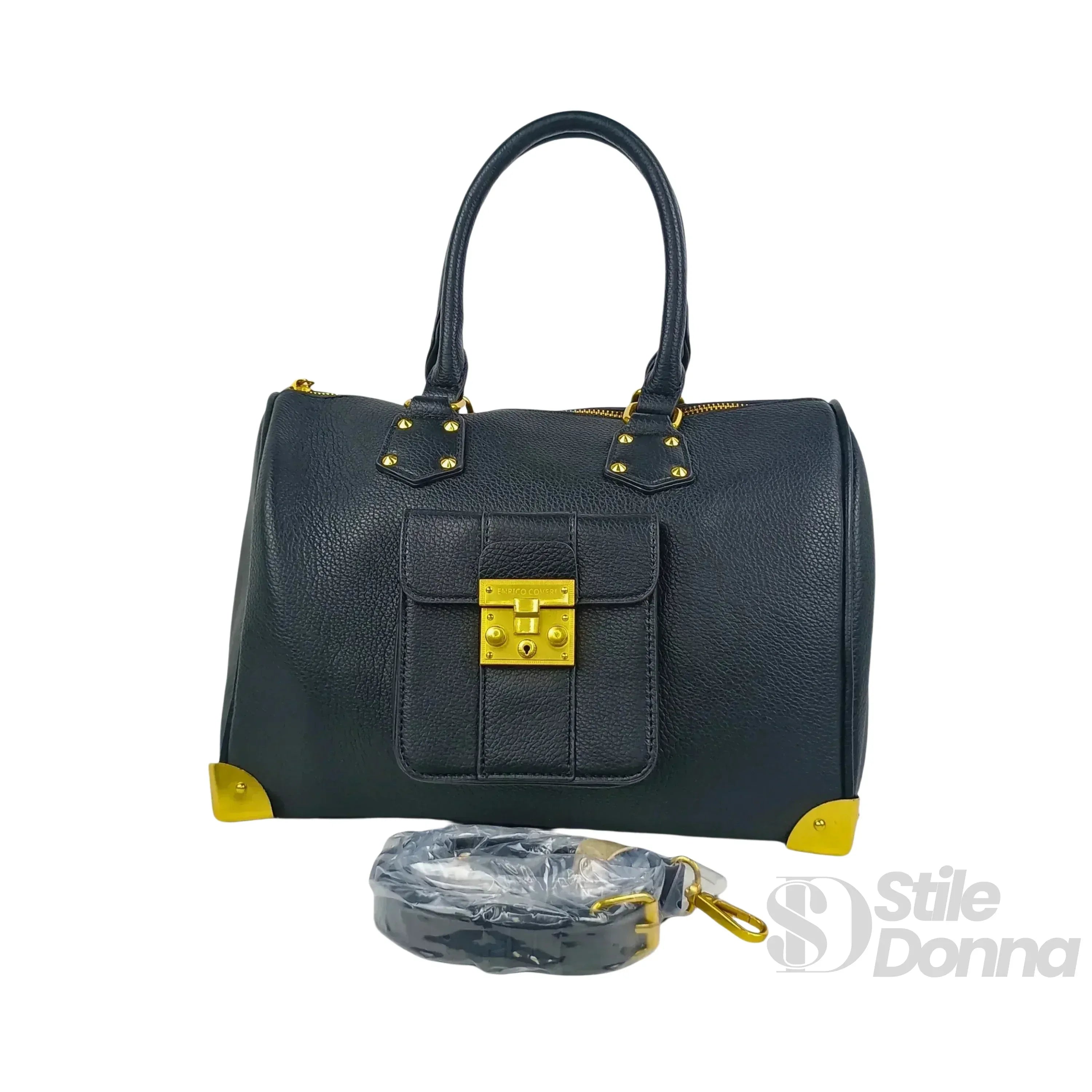 Enrico Coveri borsa dottore ecopelle nera con tracolla removibile – vista laterale