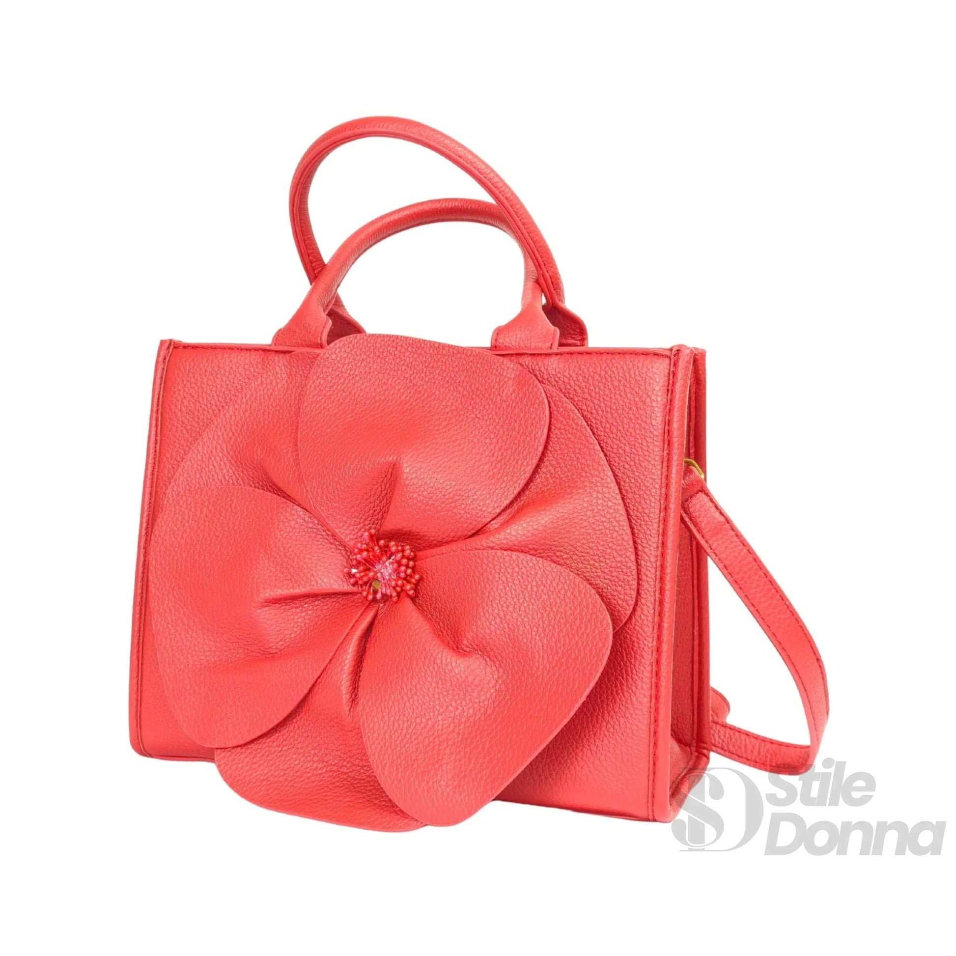 Enrico Coveri borsa a mano ecopelle rossa ricamo floreale – dettaglio esterno
