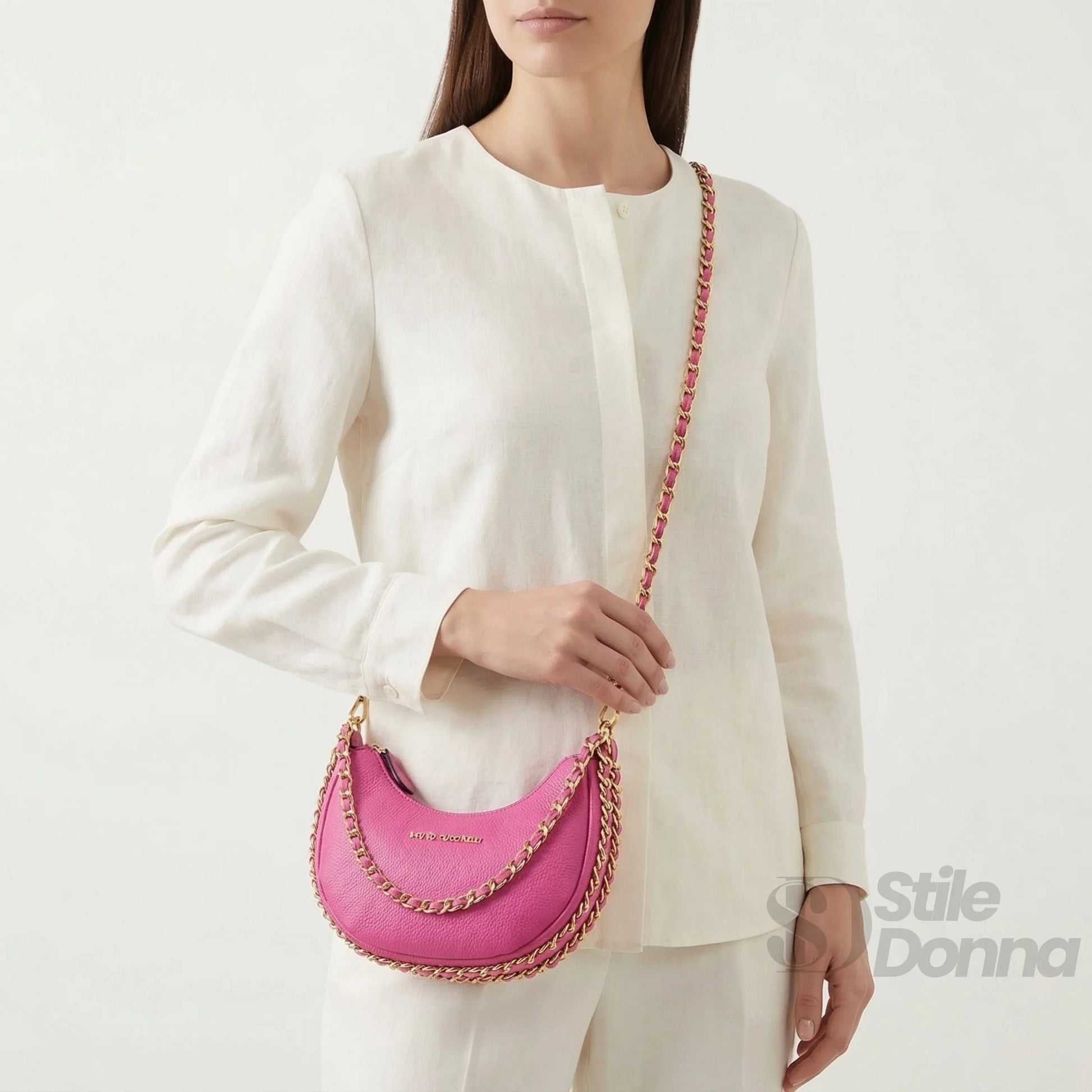 Enrico Coveri borsa a spalla ecopelle rosa tracolla catena dorata – vista laterale