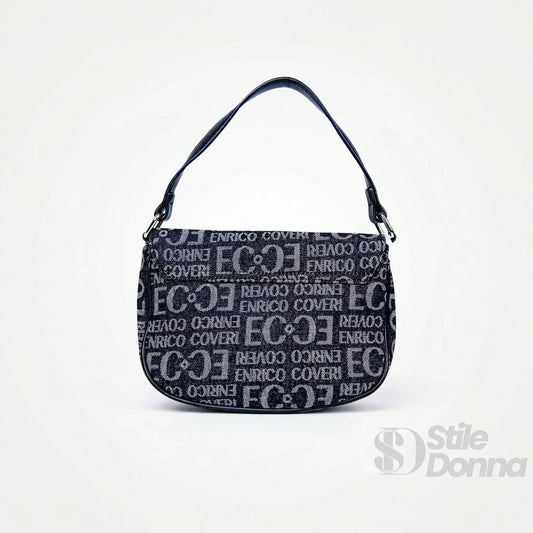 Enrico Coveri borsa a spalla jacquard nero con logo – dettaglio esterno