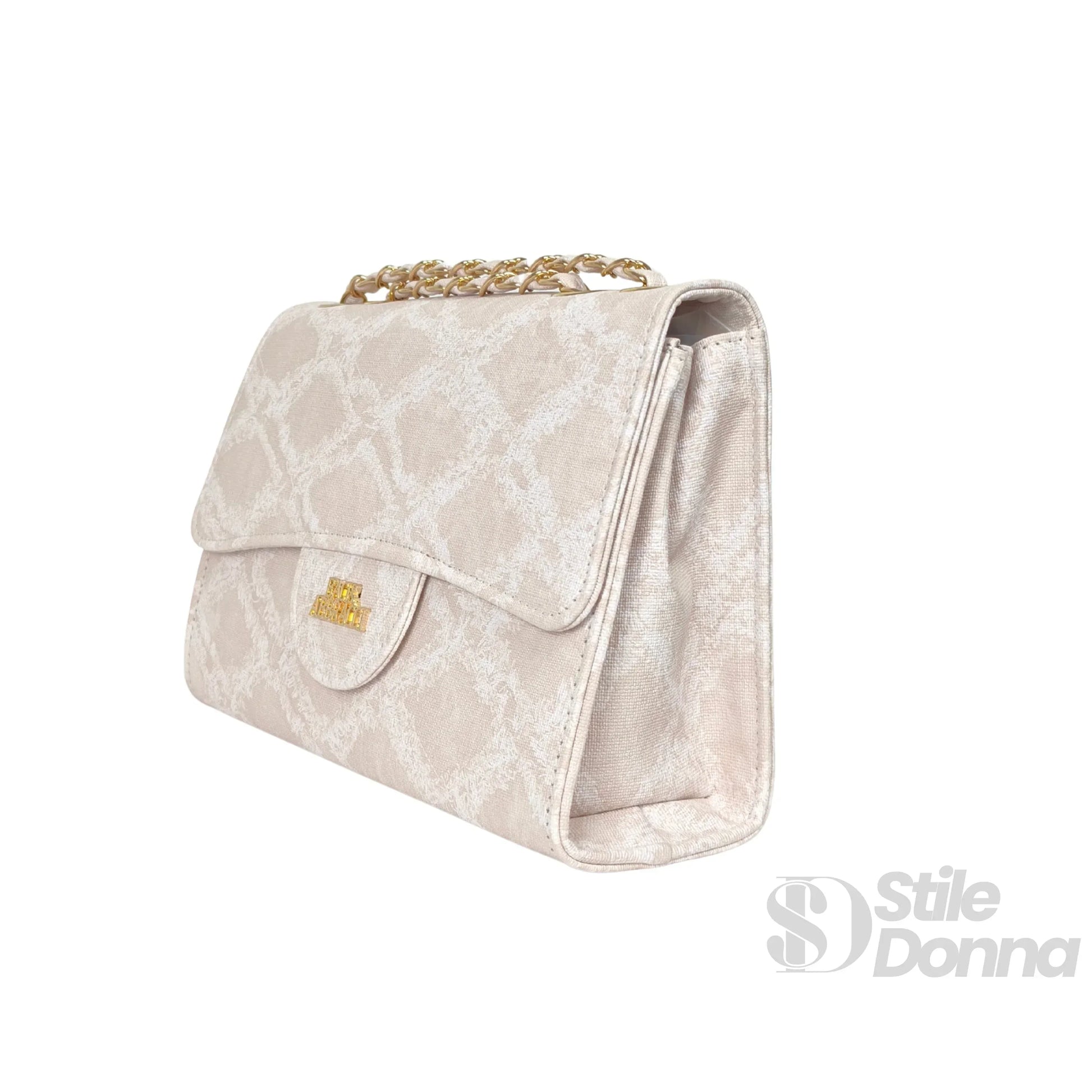 Giamaco Venturi borsa a tracolla denim beige con catena donna – borsa indossata
