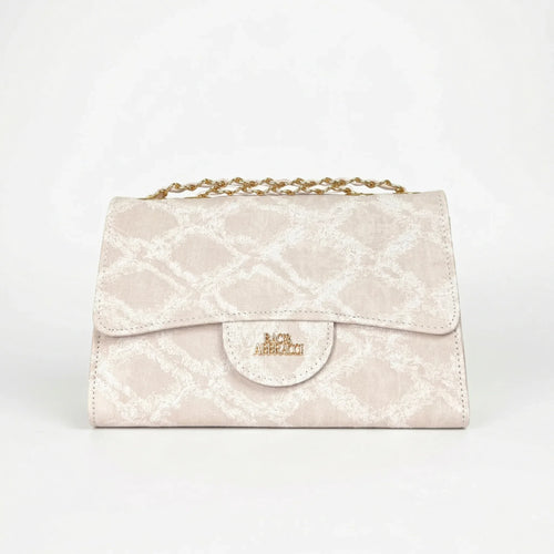 Giamaco Venturi borsa a tracolla denim beige con catena e dettagli dorati – vista laterale