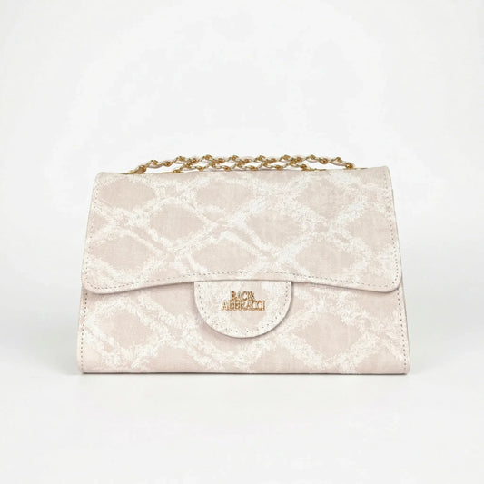 Giamaco Venturi borsa a tracolla denim beige con catena e dettagli dorati – vista laterale
