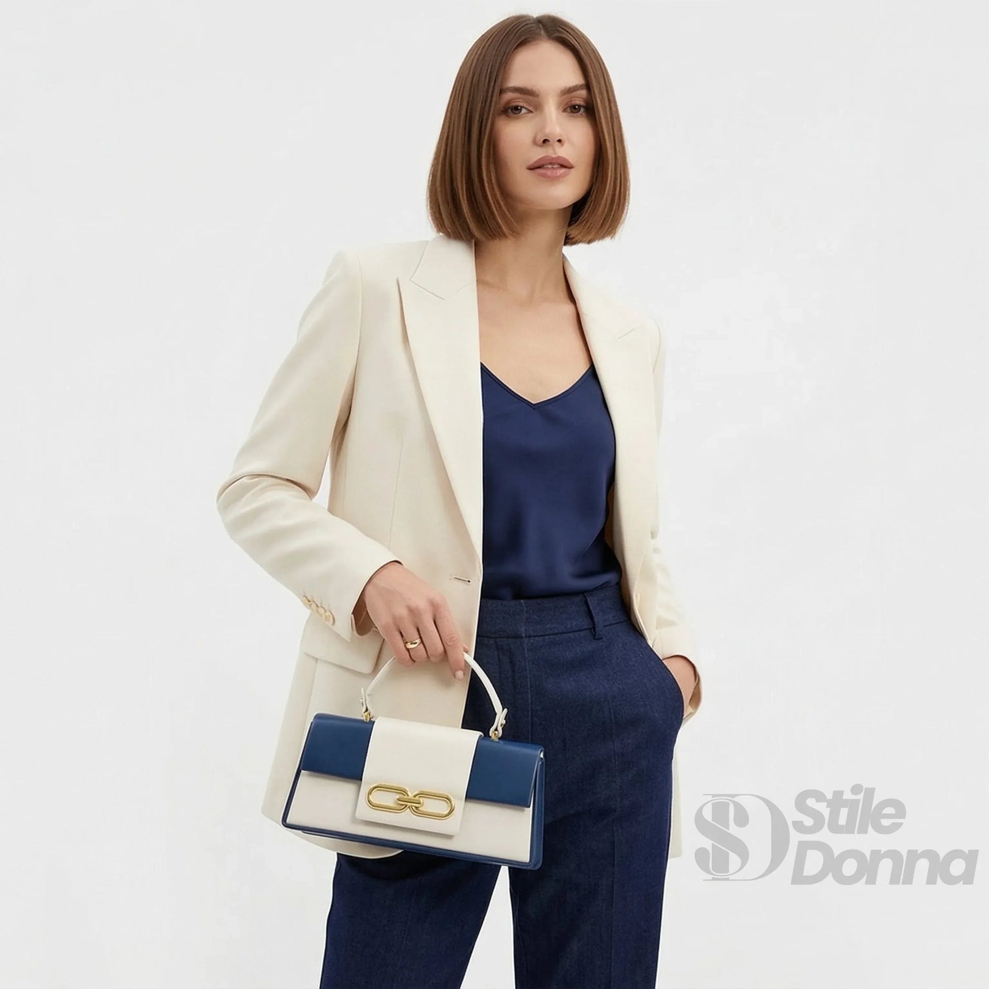 Herisson Firenze borsa ecopelle bicolore blu crema elegante – dettaglio esterno