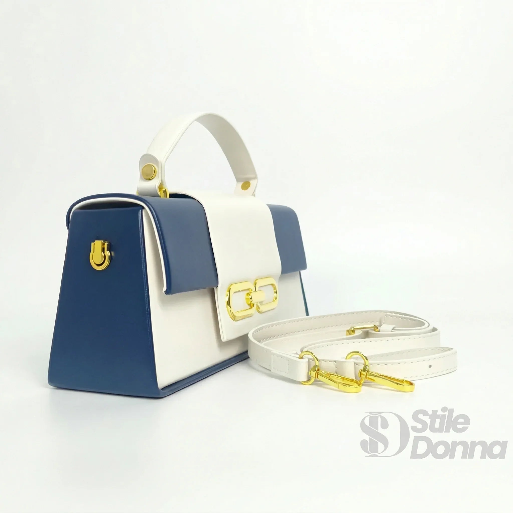Herisson Firenze borsa ecopelle bicolore blu e crema chiusura dorata – vista laterale