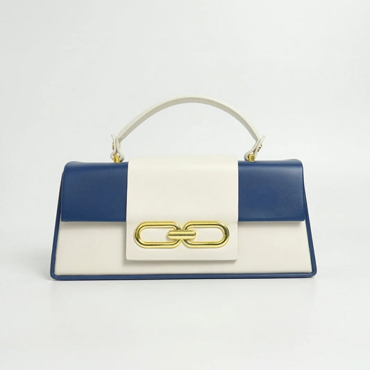 Herisson Firenze borsa ecopelle bicolore blu e crema con chiusura dorata donna – vista frontale