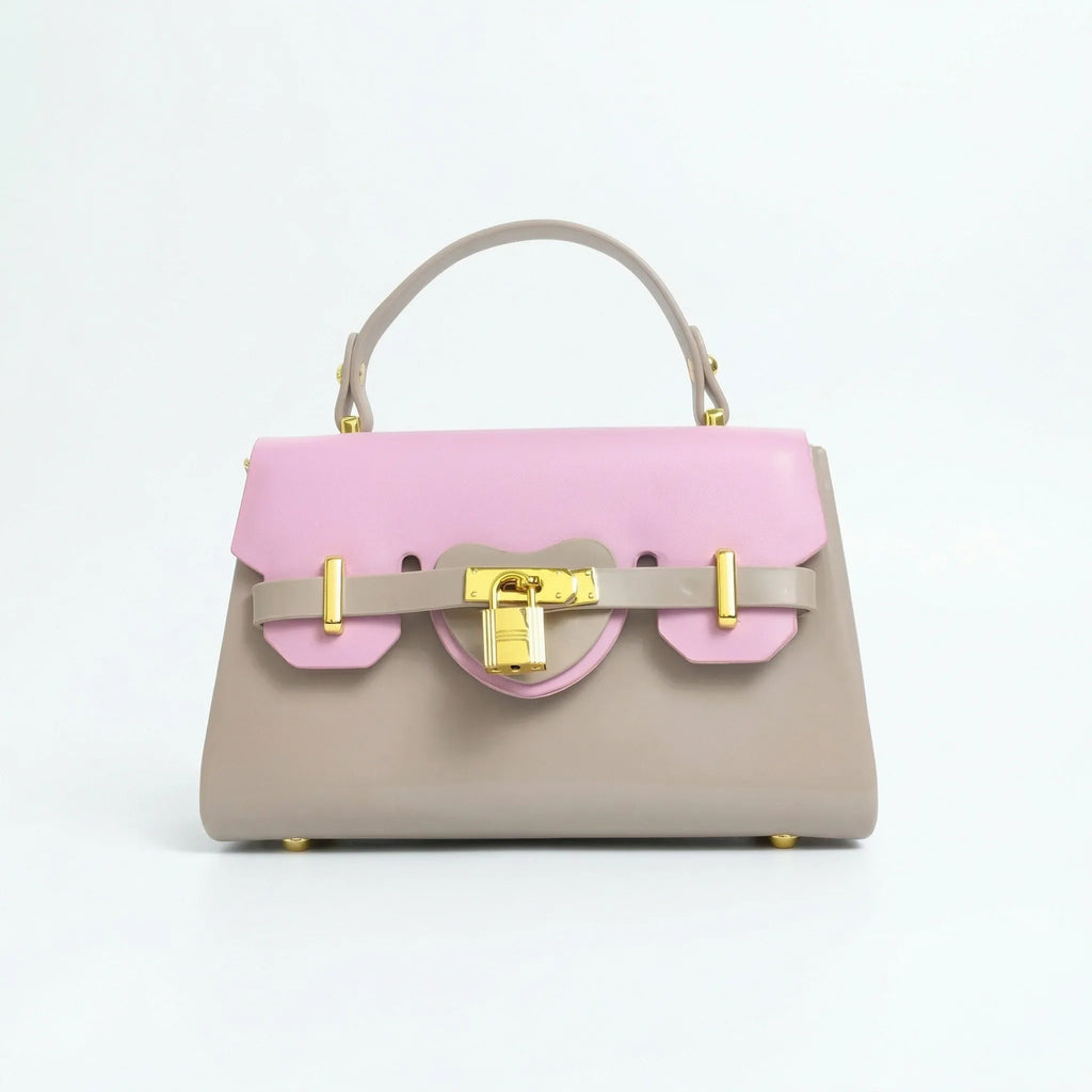 Herisson Firenze mini borsa ecopelle cachi e rosa con lucchetto dorato donna – vista frontale