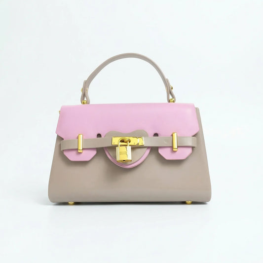 Herisson Firenze mini borsa ecopelle cachi e rosa con lucchetto dorato donna – vista frontale