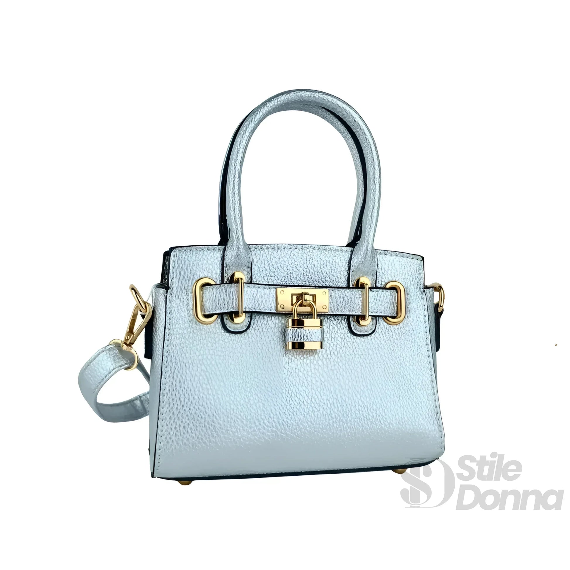 Stile Donna mini bag ecopelle argento con tracolla removibile – dettaglio manico