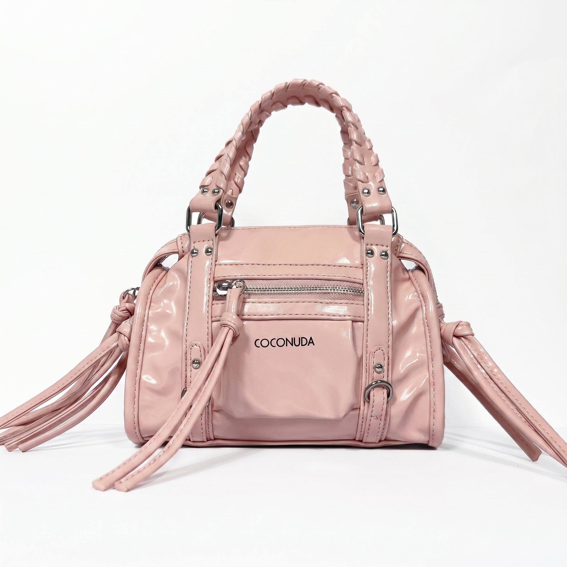 Mini bauletto Coconuda rosa cipria ecopelle verniciata con manici intrecciati - vista frontale
