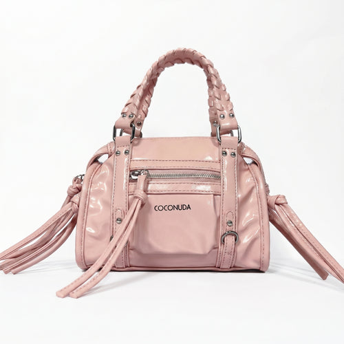 Mini bauletto Coconuda rosa cipria ecopelle verniciata con manici intrecciati - vista frontale