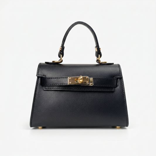 Mini Beky borsa vera pelle nera con tracolla regolabile – vista laterale