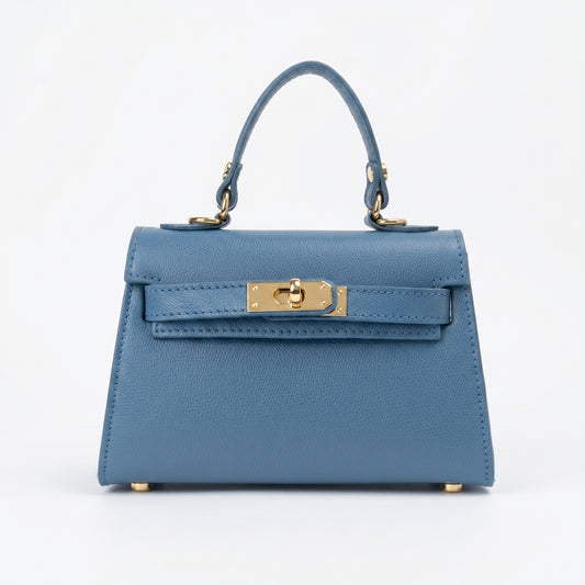 Mini Beky borsa vera pelle blu con tracolla regolabile e chiusura rotante donna – vista frontale