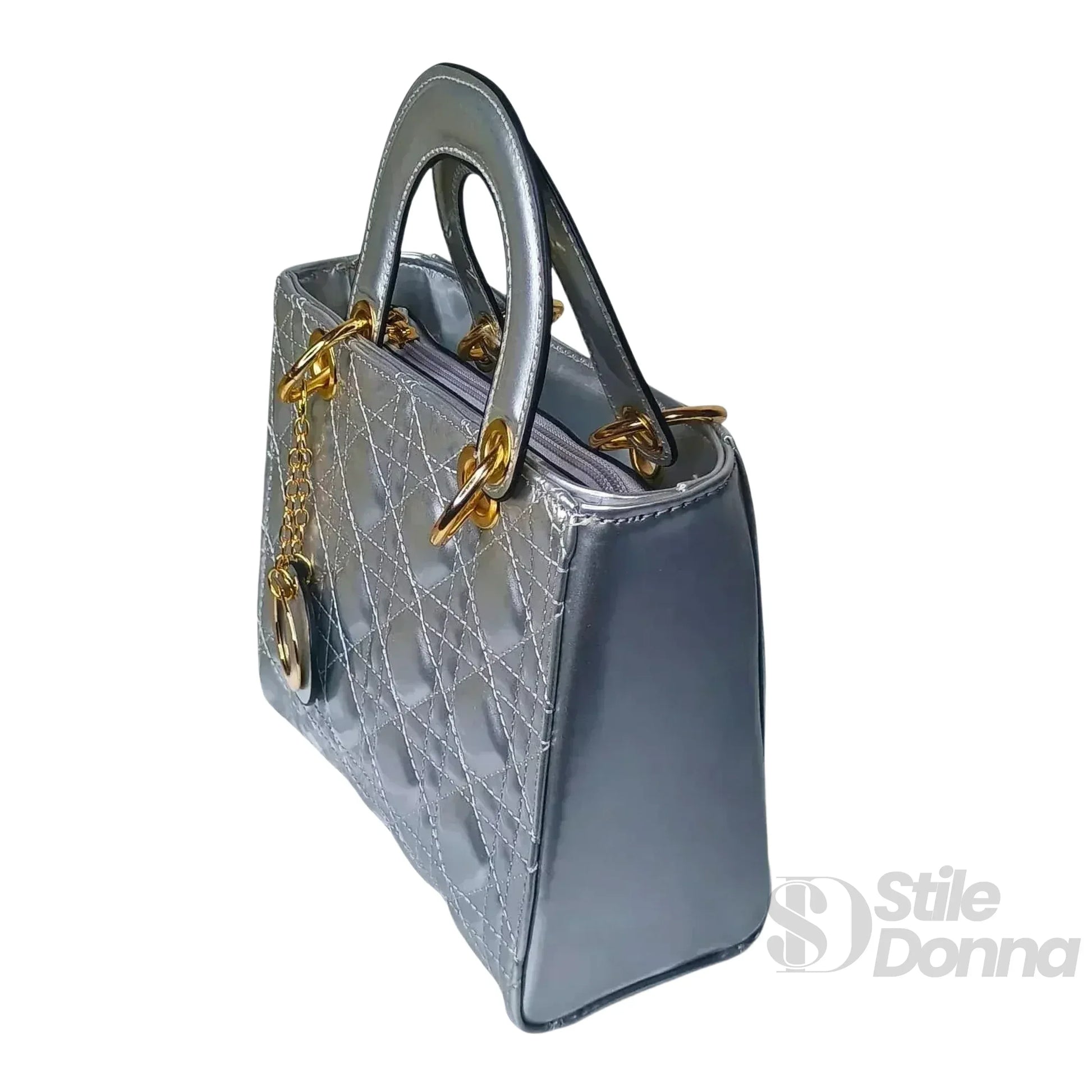 Stile Donna mini borsa ecopelle argento trapuntata con tracolla removibile – vista posteriore