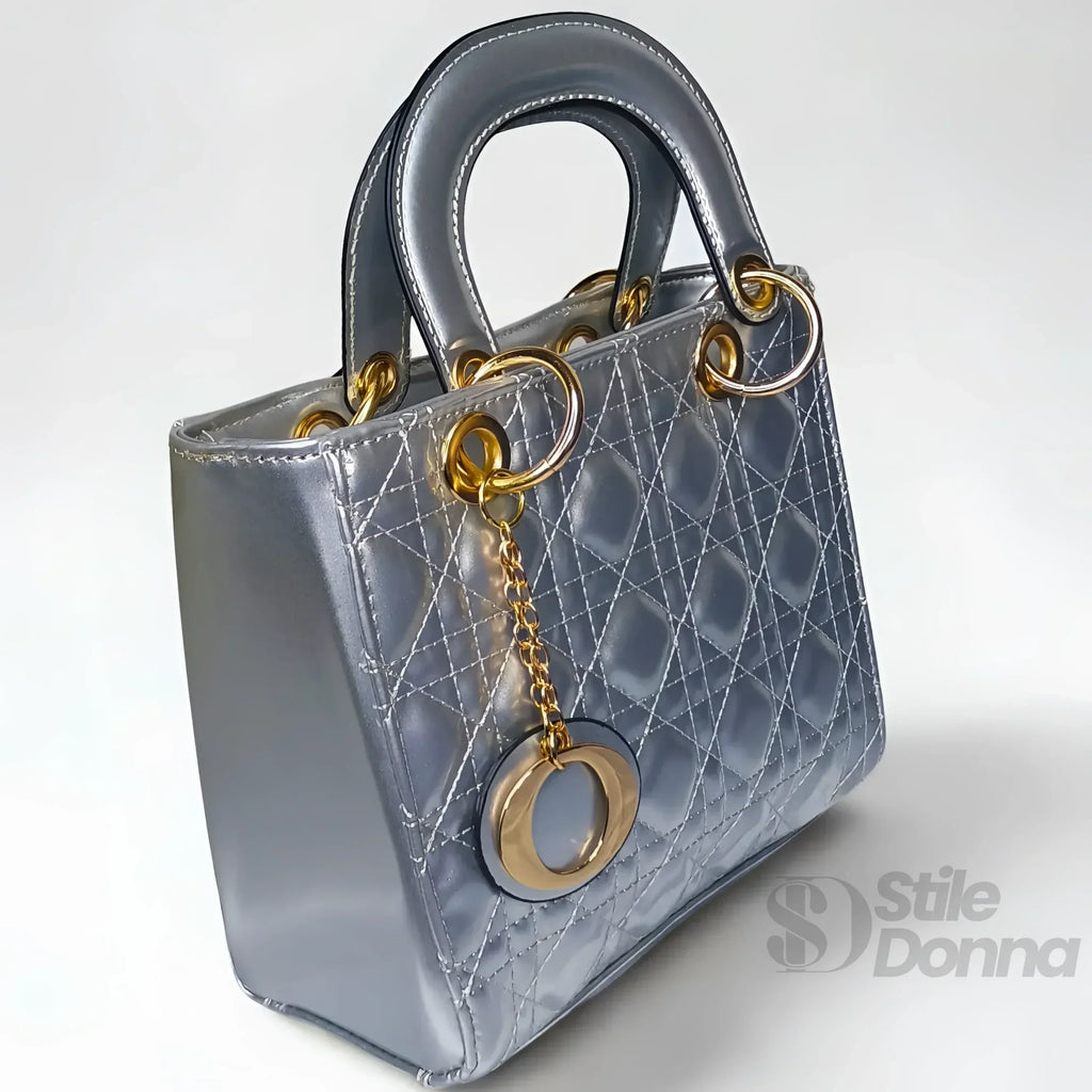 Stile Donna mini borsa ecopelle argento imbottita con tracolla removibile – interno e tasche