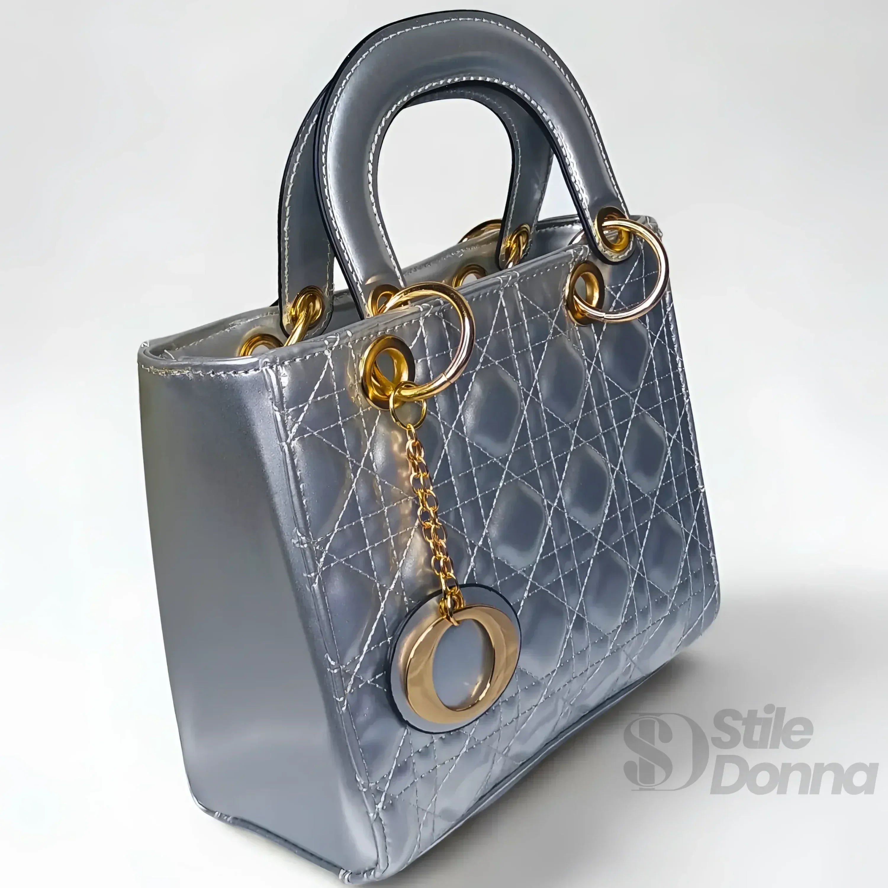 Stile Donna mini borsa ecopelle argento imbottita con tracolla removibile – interno e tasche