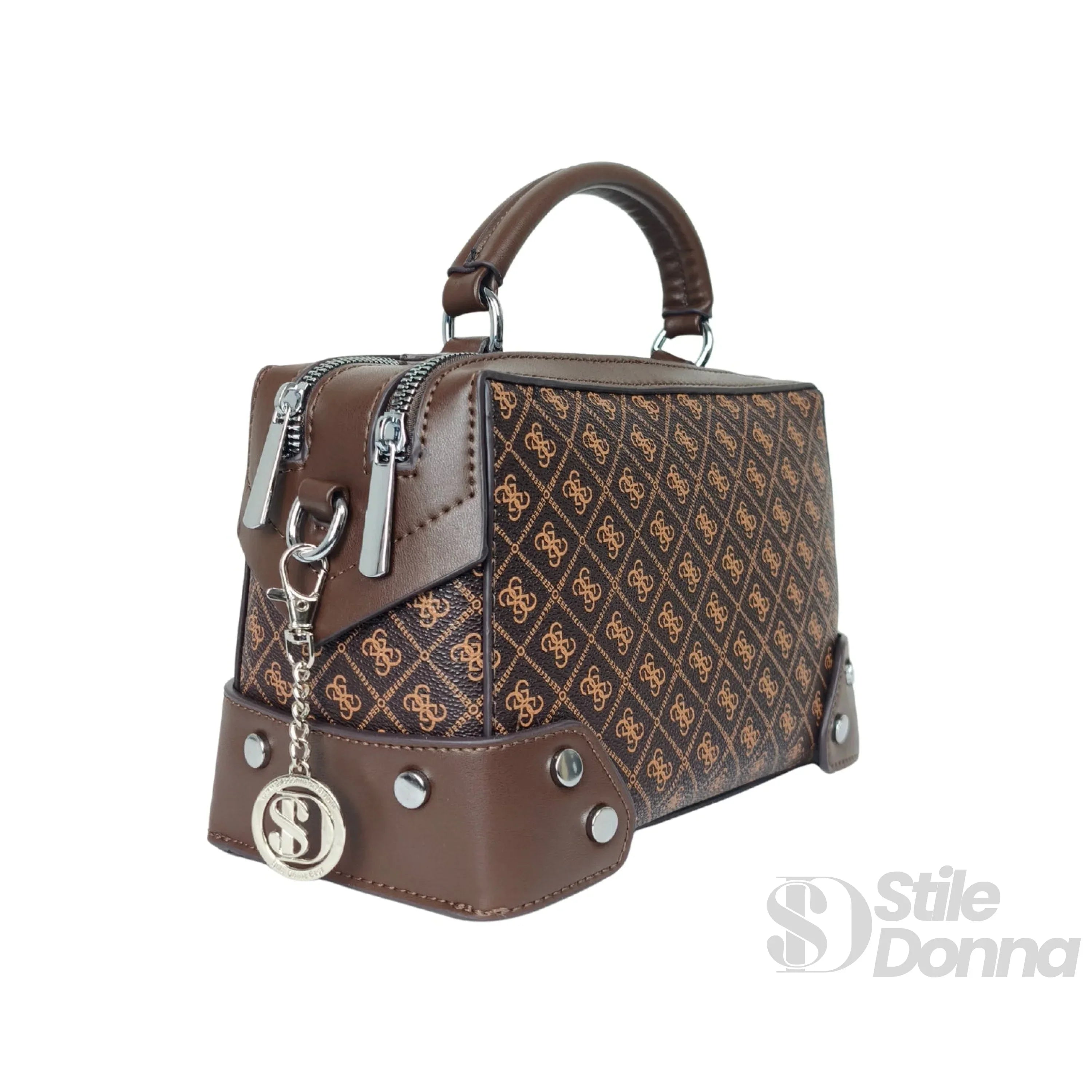 Stile Donna mini doctor bag ecopelle marrone con monogramma – vista laterale