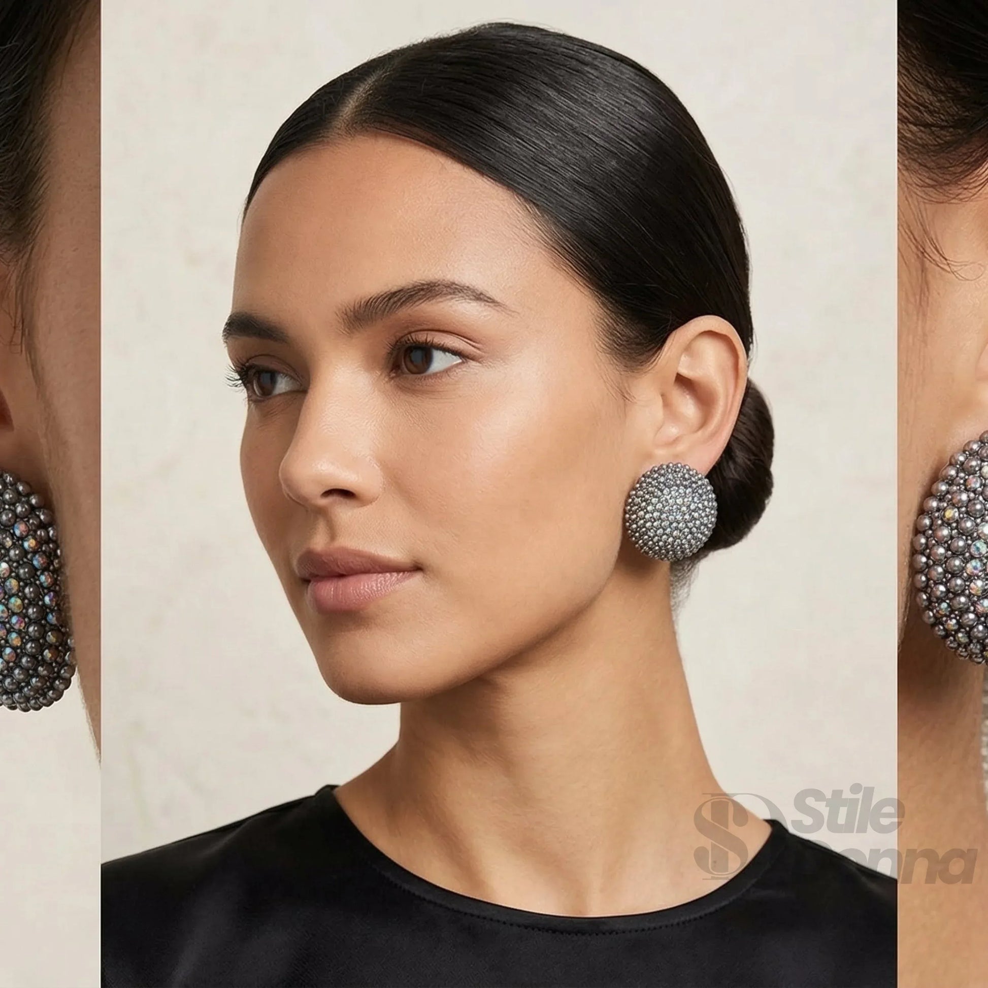 Stile Donna orecchini a perno cupola con strass argentati stud rotondi – dettaglio