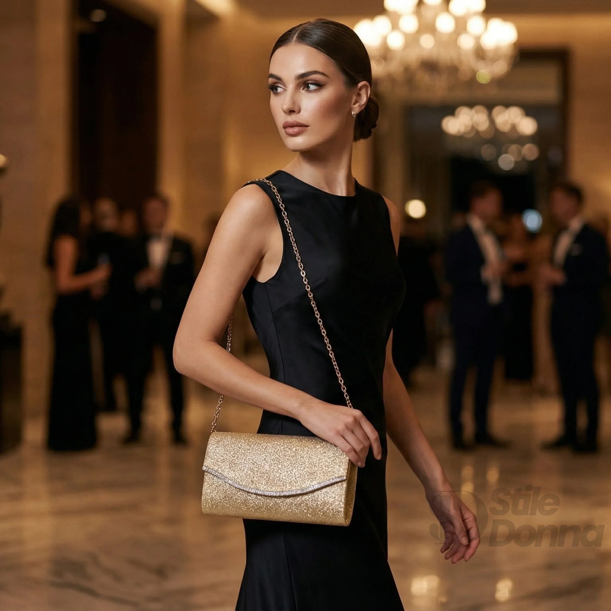 Stile Donna pochette busta strass oro scintillante – vista laterale