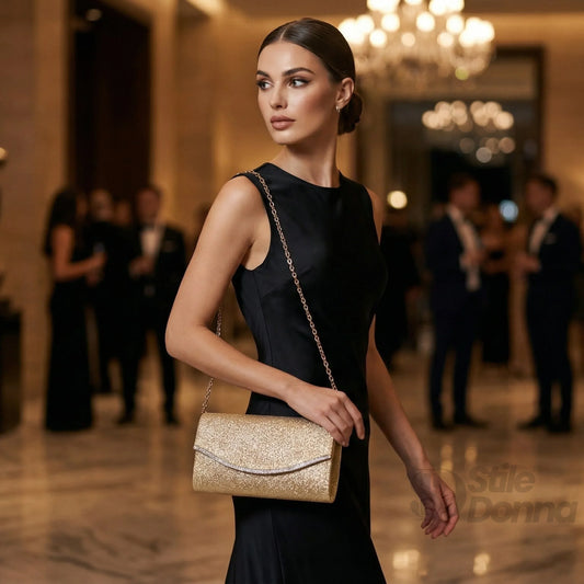 Stile Donna pochette busta strass oro scintillante – vista laterale
