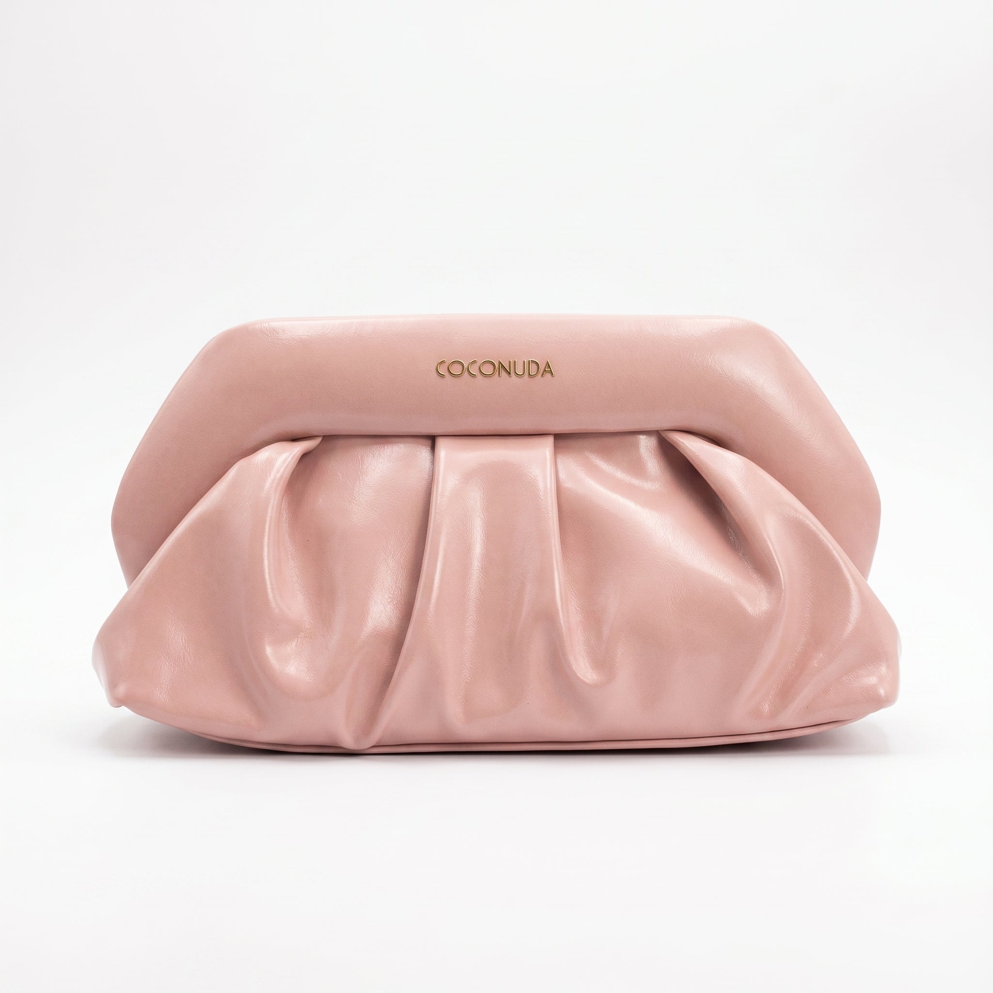 Pochette drappeggiata Coconuda rosa ecopelle verniciata con catena dorata - vista frontale