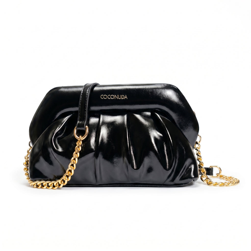 Pochette Coconuda nera ecopelle drappeggiata chiusura a clip - vista laterale