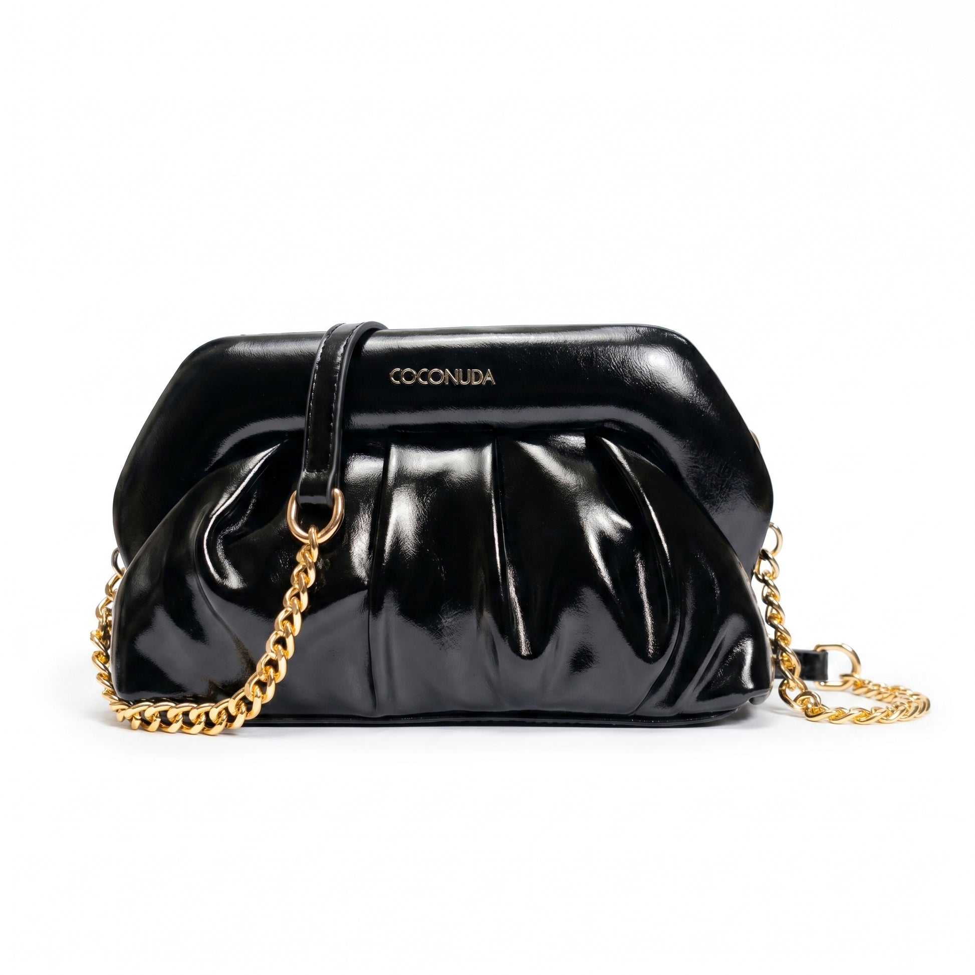 Pochette Coconuda nera ecopelle drappeggiata chiusura a clip - vista laterale