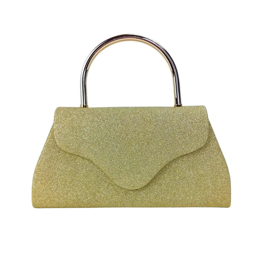 Stile Donna pochette da sera glitter dorata con cristalli e finiture metallo donna – vista frontale