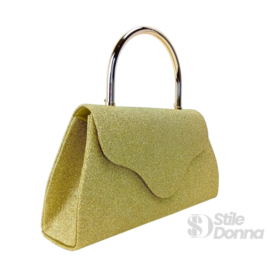 Stile Donna pochette da sera glitter dorata cristalli finiture metallo – dettaglio esterno