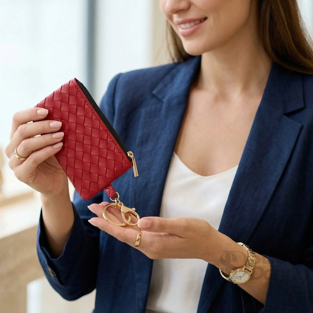 Ruby portafoglio portachiavi mini ecopelle intrecciata rosa – vista laterale