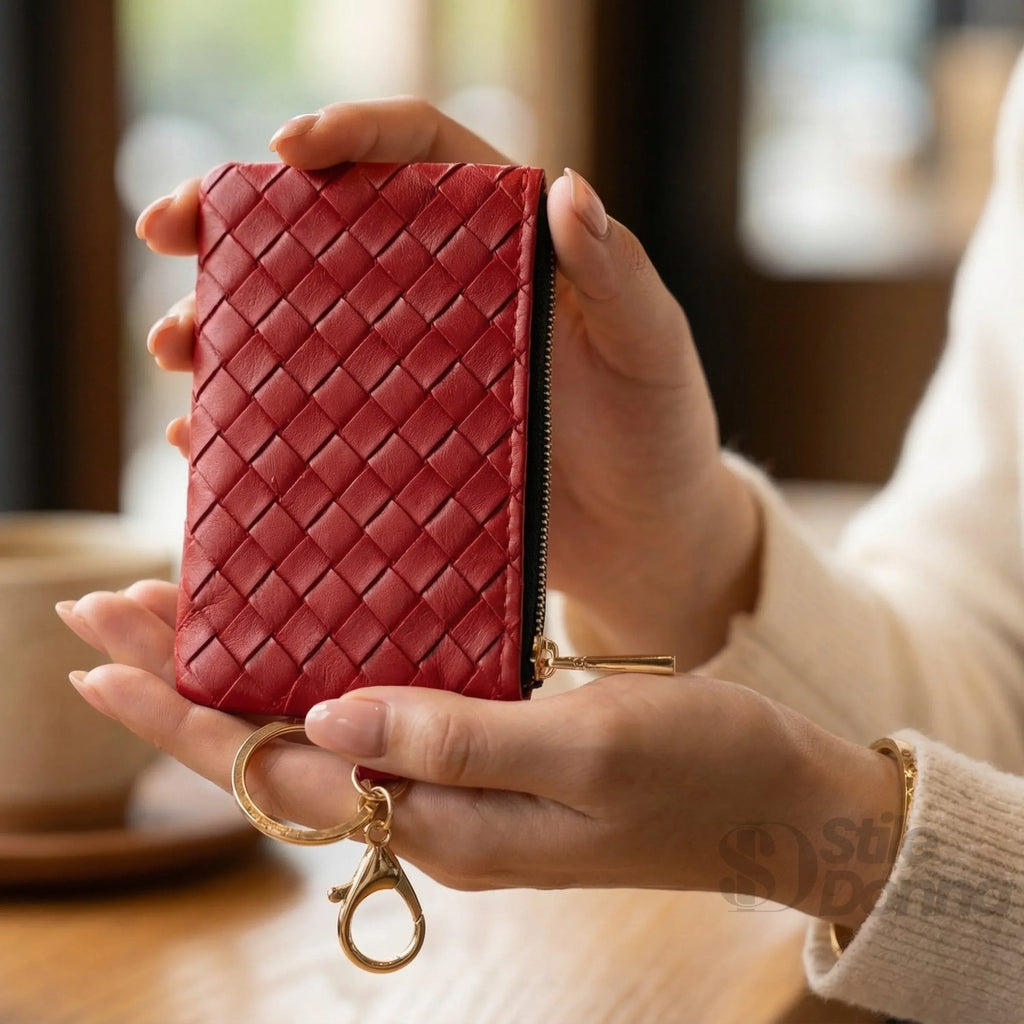 Ruby portafoglio portachiavi mini ecopelle intrecciata nera – dettaglio chiusura