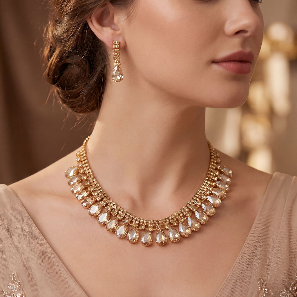 Stile Donna set collana e orecchini royal cascade cristalli dorati – vista laterale
