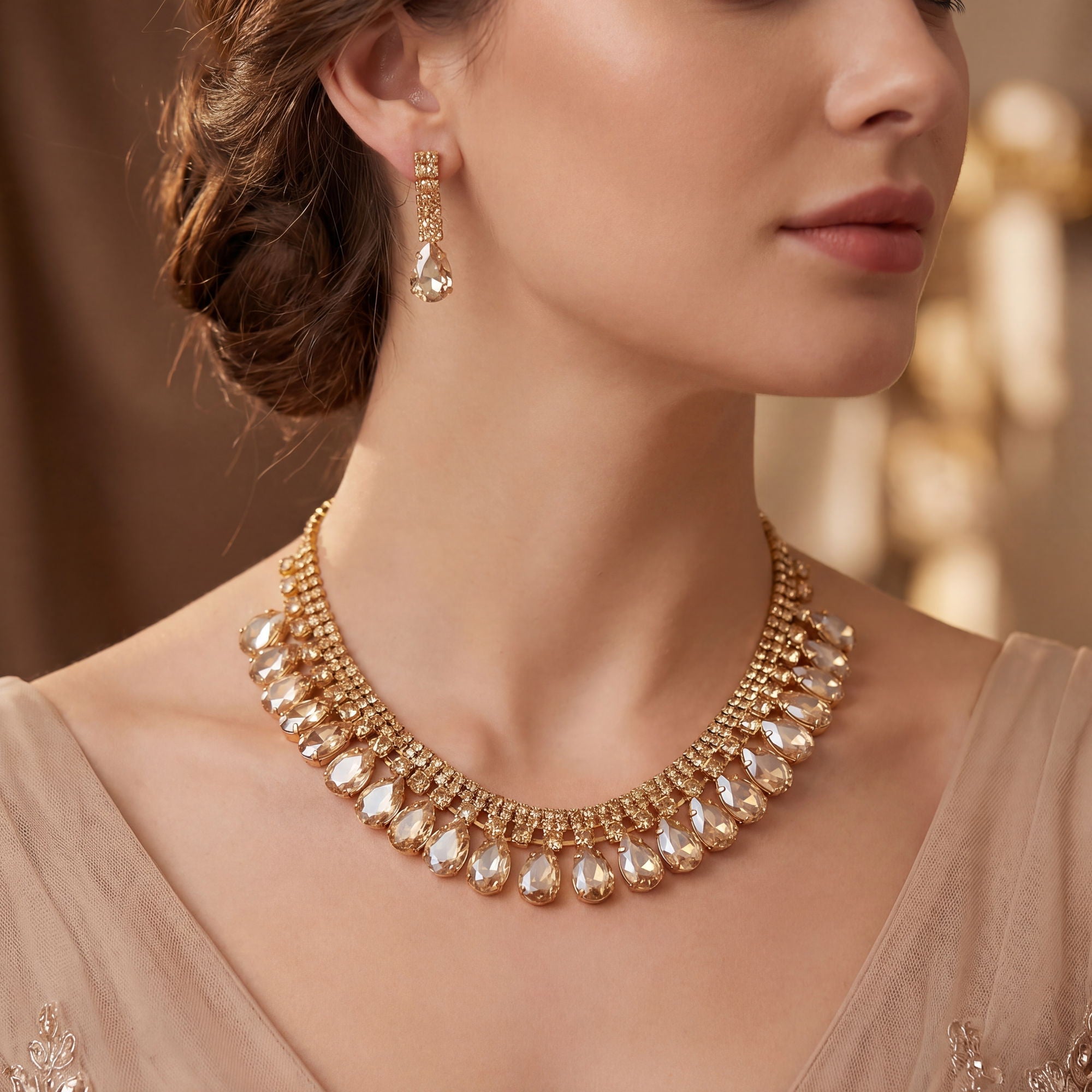 Stile Donna set collana e orecchini royal cascade cristalli dorati – vista laterale